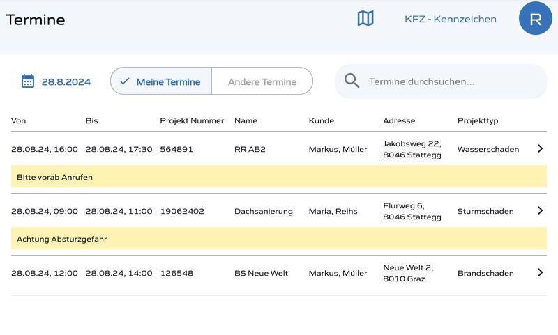 AKIS Termin- und Auftragsübersicht auf dem Tablet